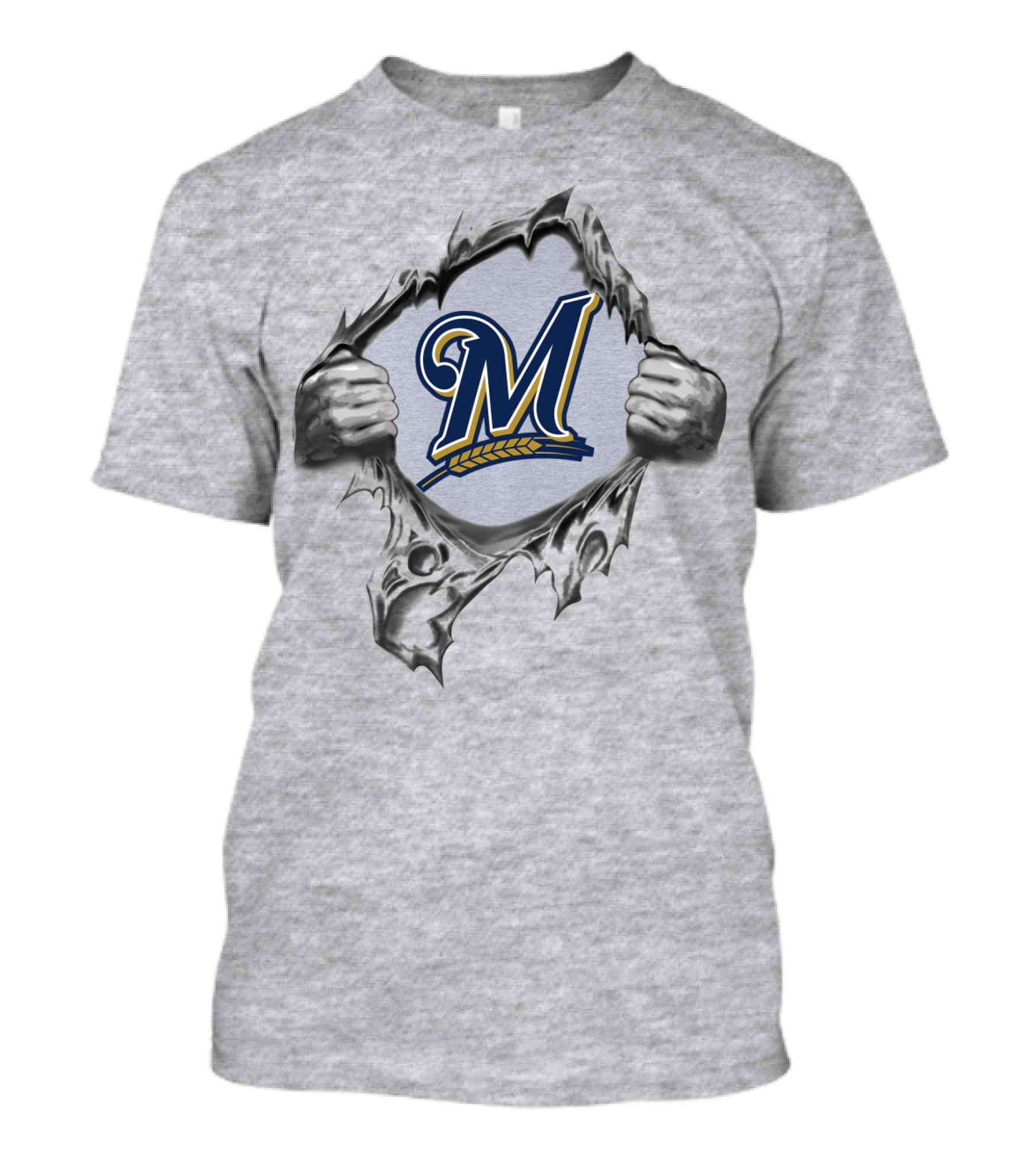 Milwaukee Brewers Ripped Metal Logo With Hands And Baseball Wheat Symbol T-Shirt