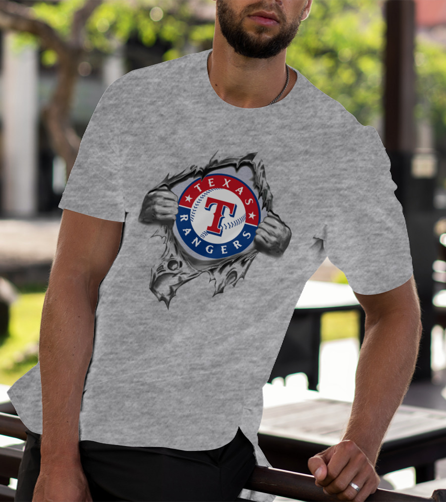 Texas Rangers Baseball Logo With Hands Tearing Through T-Shirt