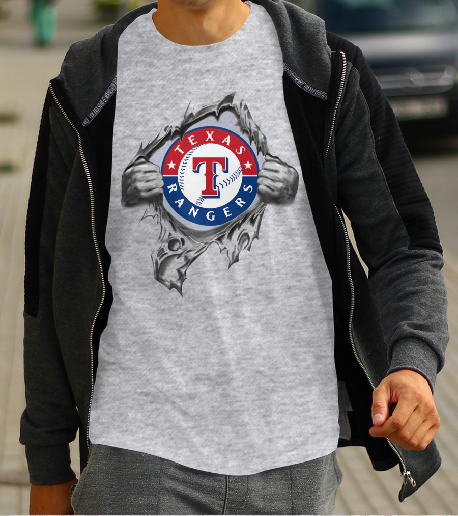 Texas Rangers Baseball Logo With Hands Tearing Through T-Shirt