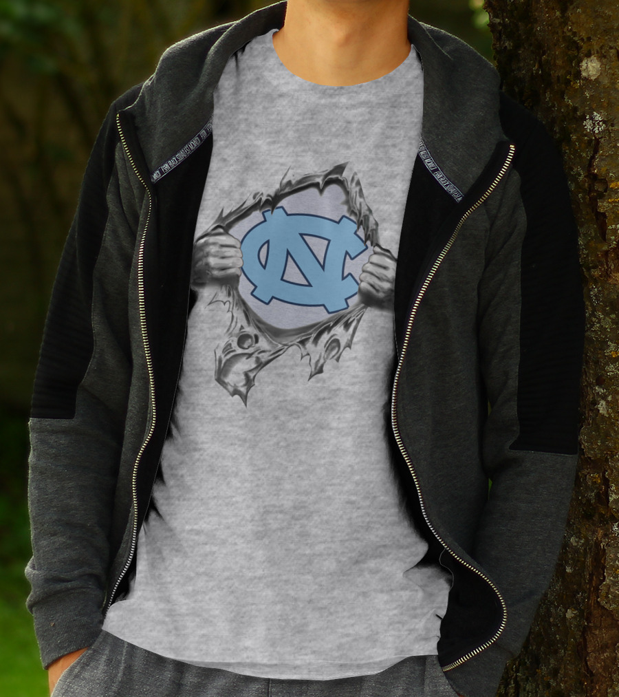 Unc Tar Heels Logo Peeking Through Ripped Gray Fabric T-Shirt
