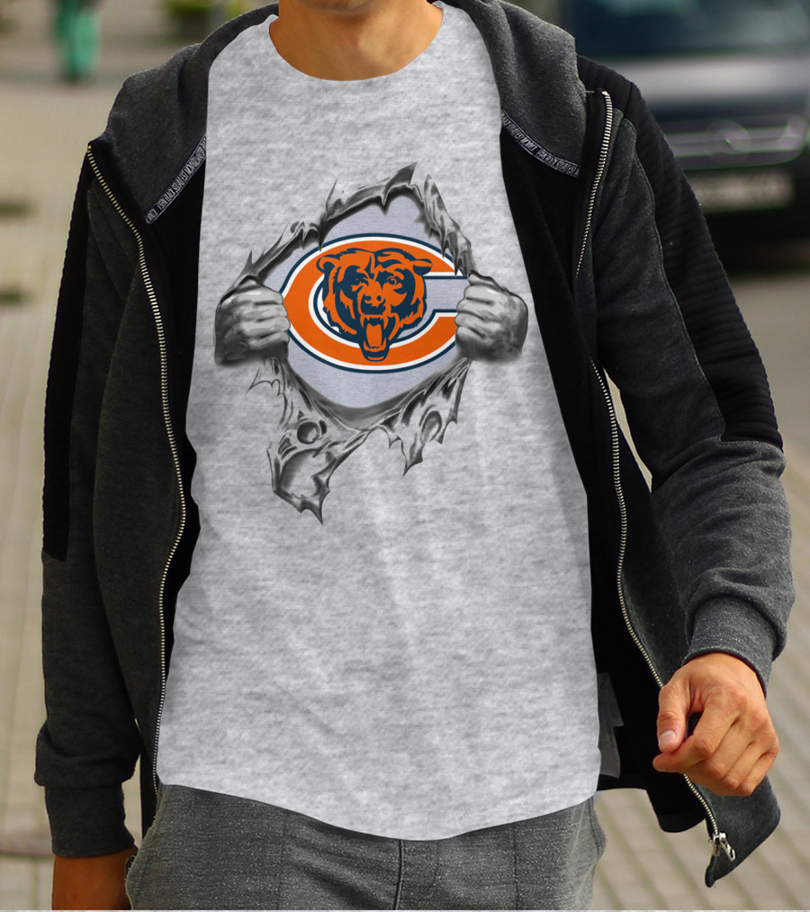 Chicago Bears Logo In Ripped Background With Orange Bear Face T-Shirt