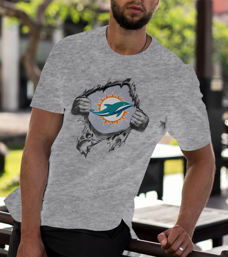 Miami Dolphins Logo In Ripped Metal Design Featuring Team T-Shirt