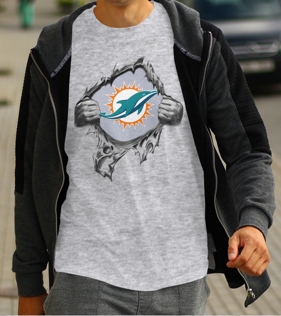 Miami Dolphins Logo In Ripped Metal Design Featuring Team T-Shirt