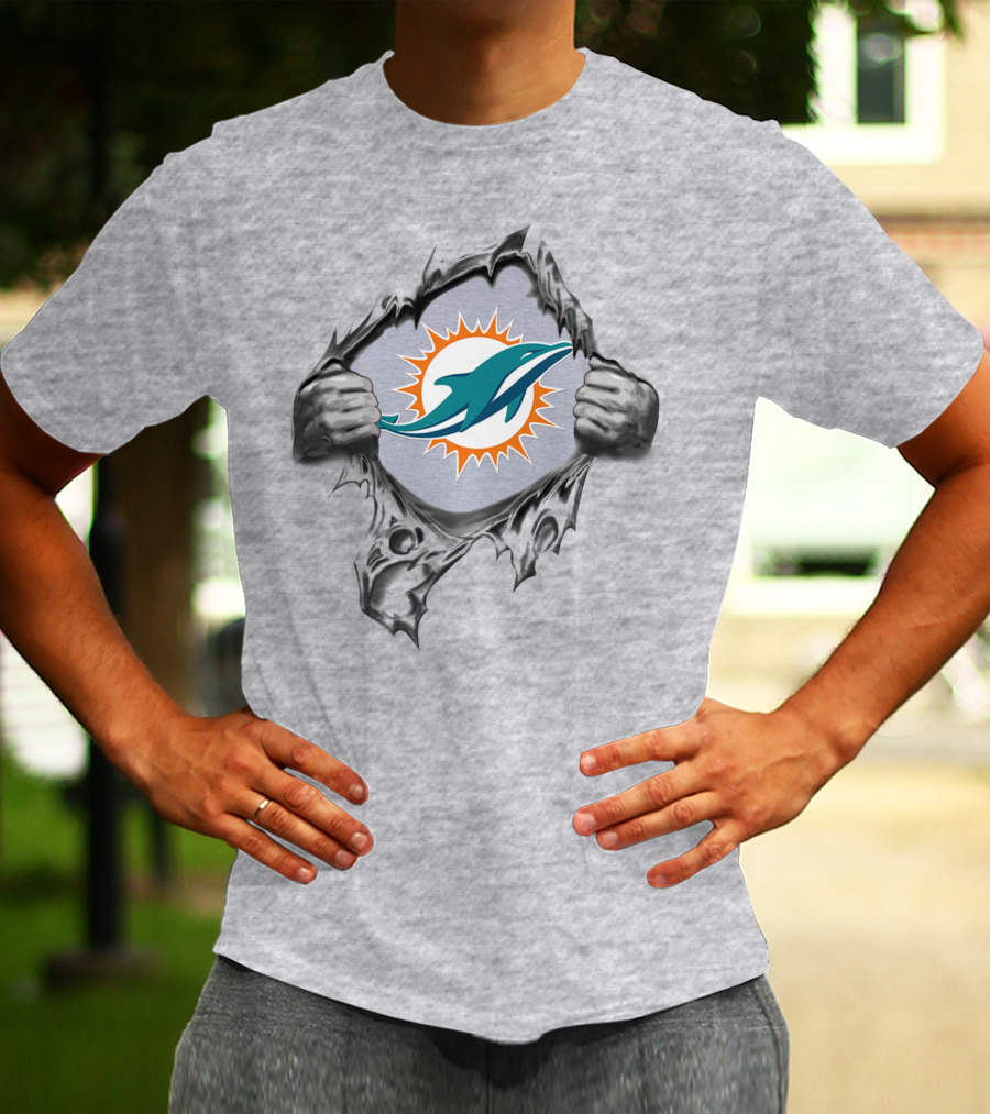 Miami Dolphins Logo In Ripped Metal Design Featuring Team T-Shirt