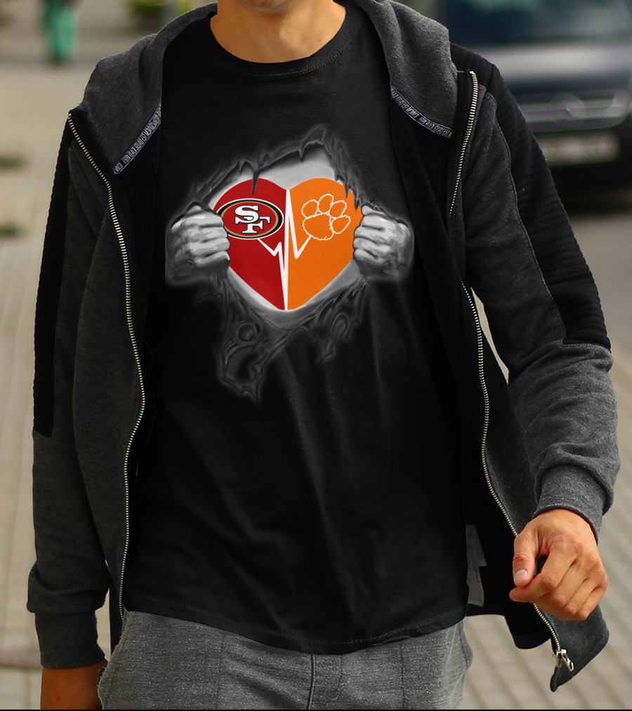 Clemson Tigers Heartbeat With San Francisco 49ers Logo Fusion T-Shirt