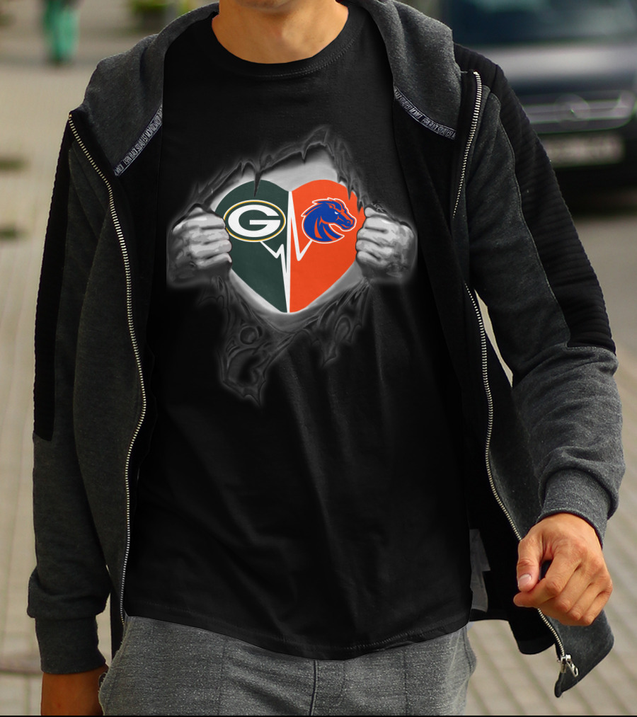 Green Bay Packers And Boise State Broncos Heart T-Shirt