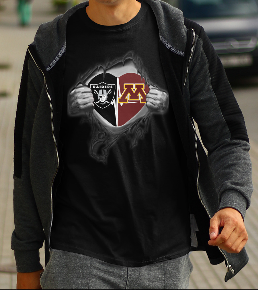 Raiders Minnesota Split Heart Logo With Hands Peeling Back Black T-Shirt