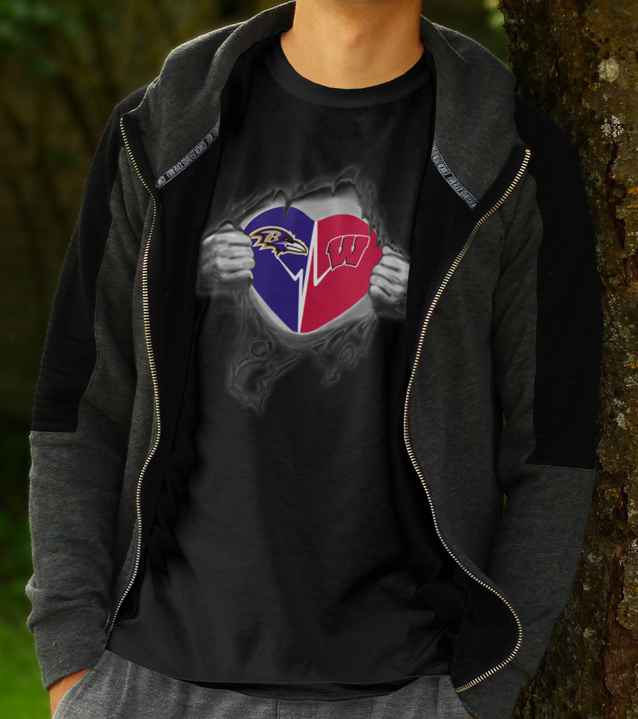 Baltimore Ravens Wisconsin Badgers Heart Logo Fusion T-Shirt