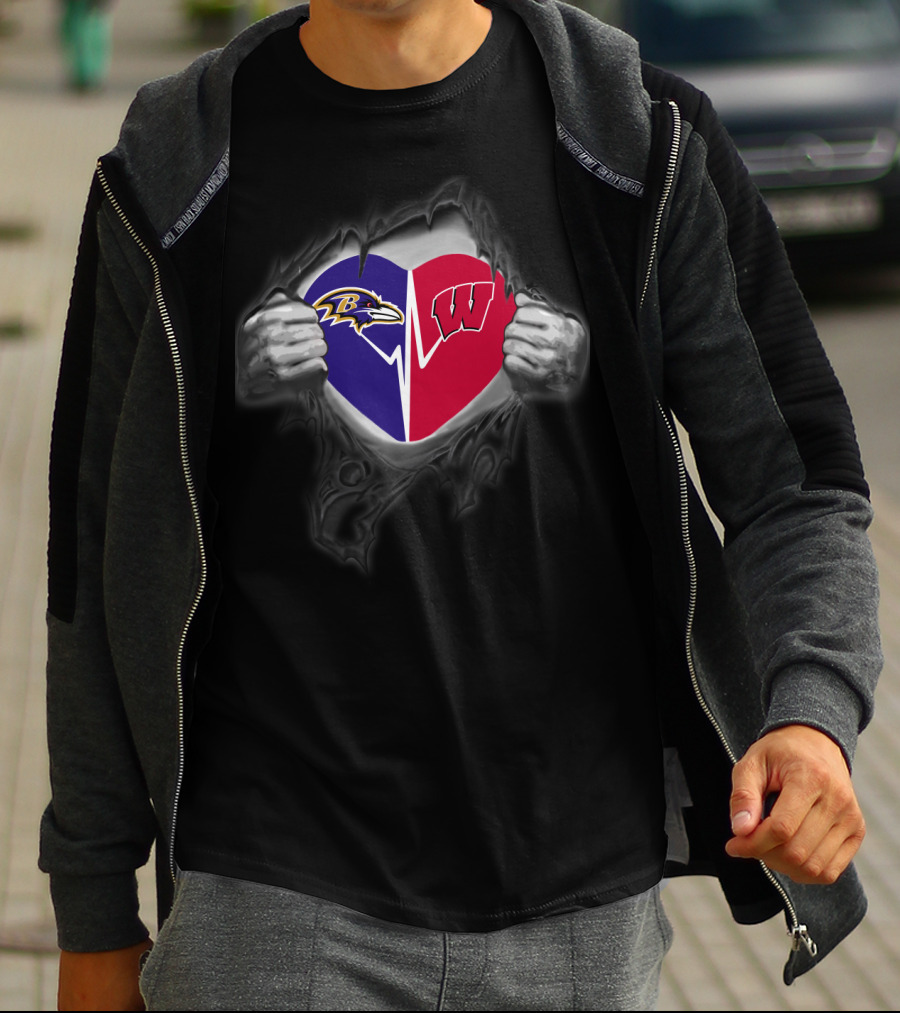 Baltimore Ravens Wisconsin Badgers Heart Logo Fusion T-Shirt