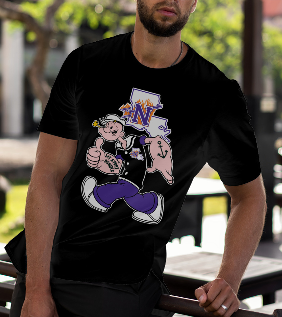 Northwestern State Demons Popeye Graphic With Louisiana State Outline T-Shirt