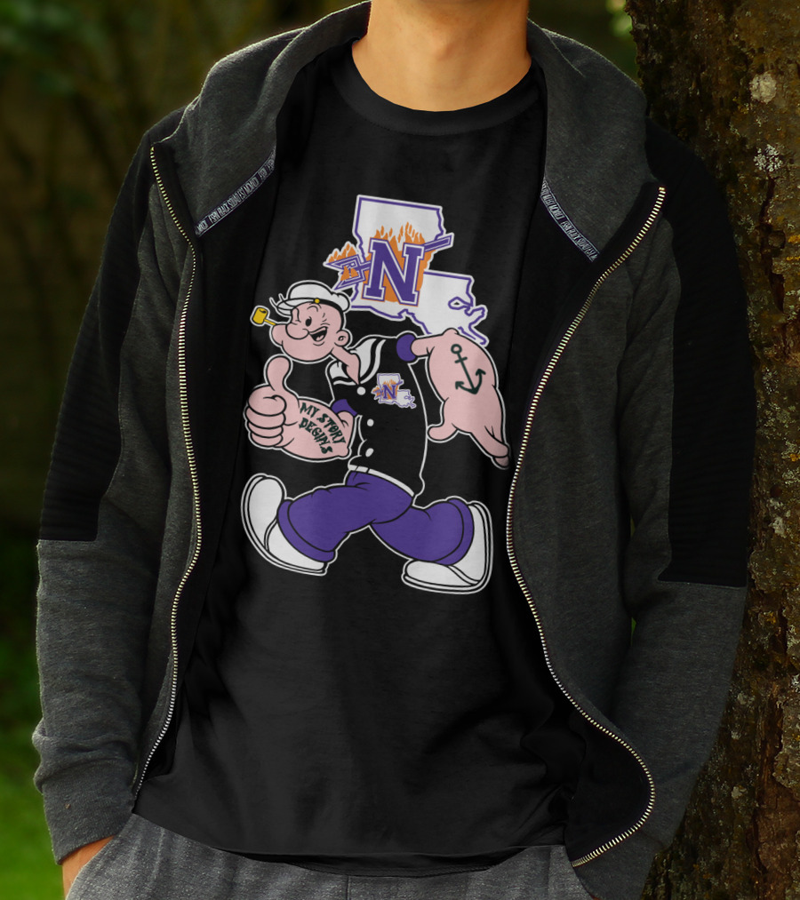 Northwestern State Demons Popeye Graphic With Louisiana State Outline T-Shirt