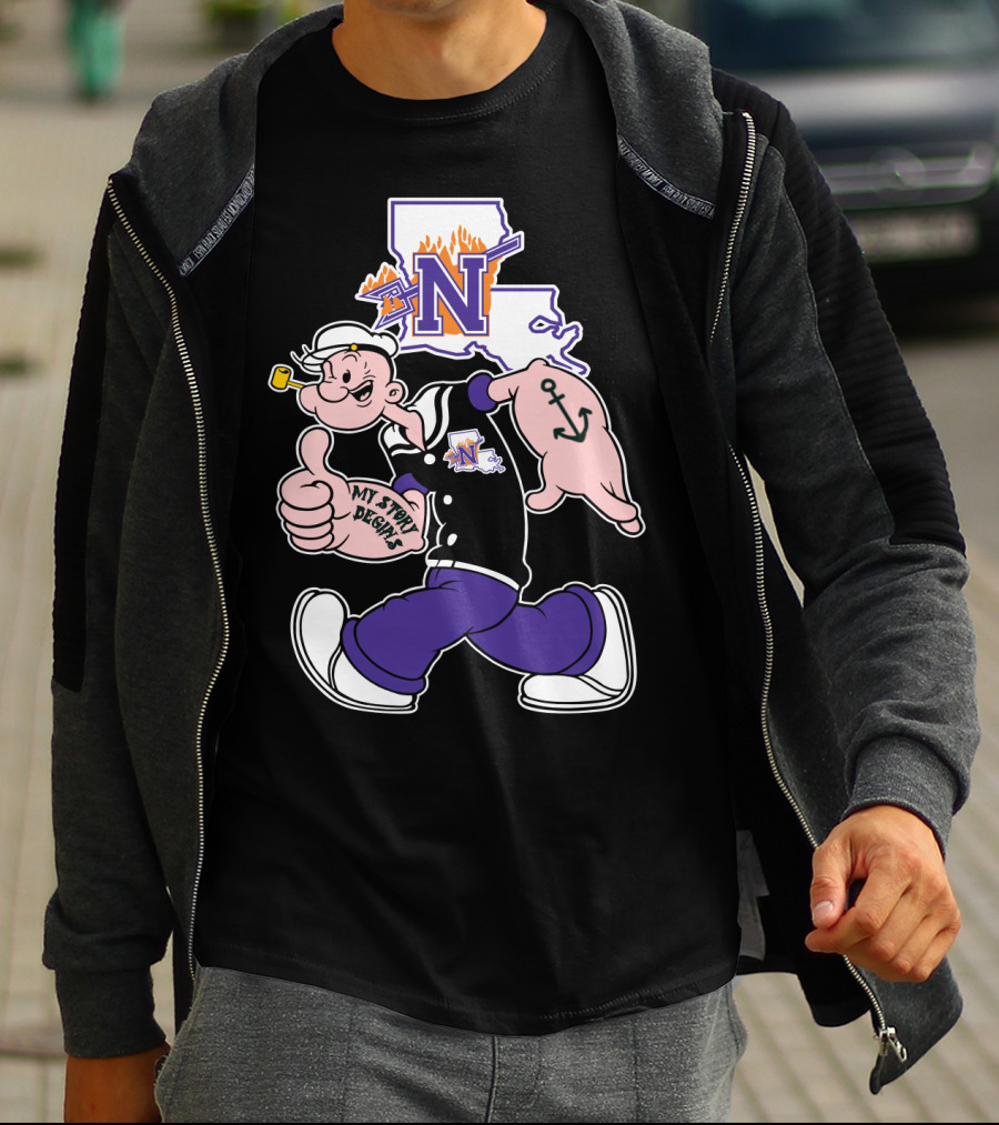 Northwestern State Demons Popeye Graphic With Louisiana State Outline T-Shirt