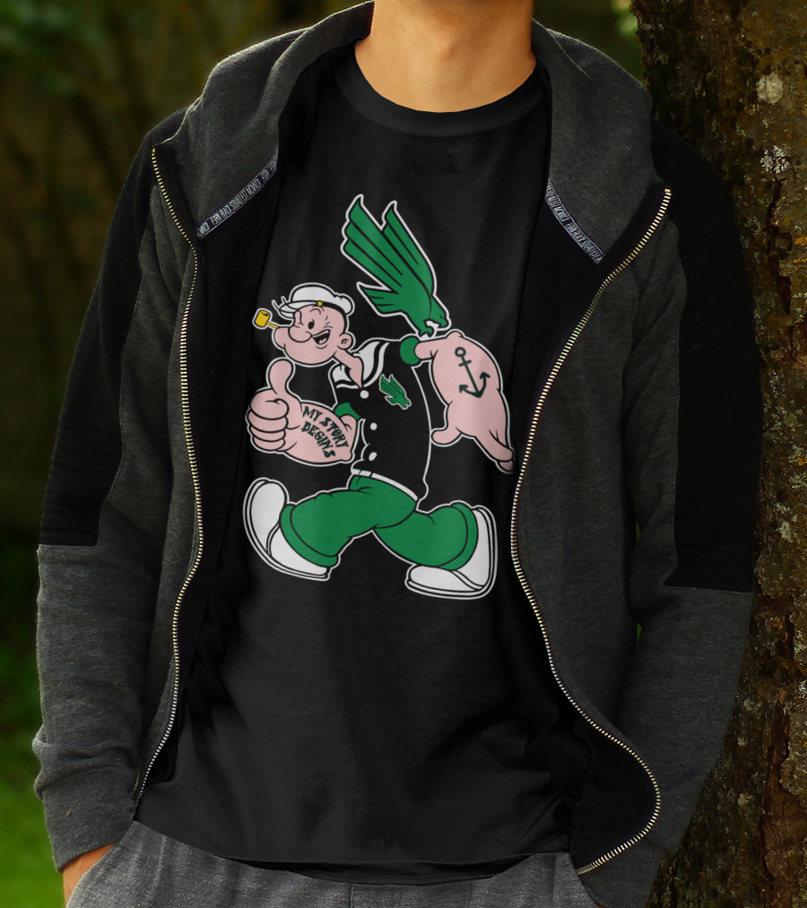 North Texas Mean Green My Story Designs Popeye Sailor Cartoon Anchor Pipe T-Shirt