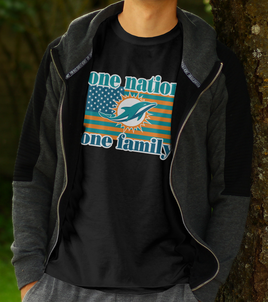 One Nation One Family Miami Dolphins American Flag Logo T-Shirt
