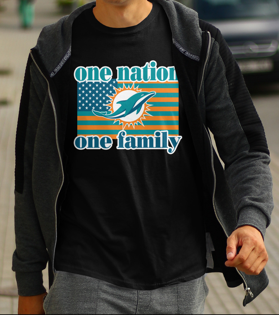 One Nation One Family Miami Dolphins American Flag Logo T-Shirt