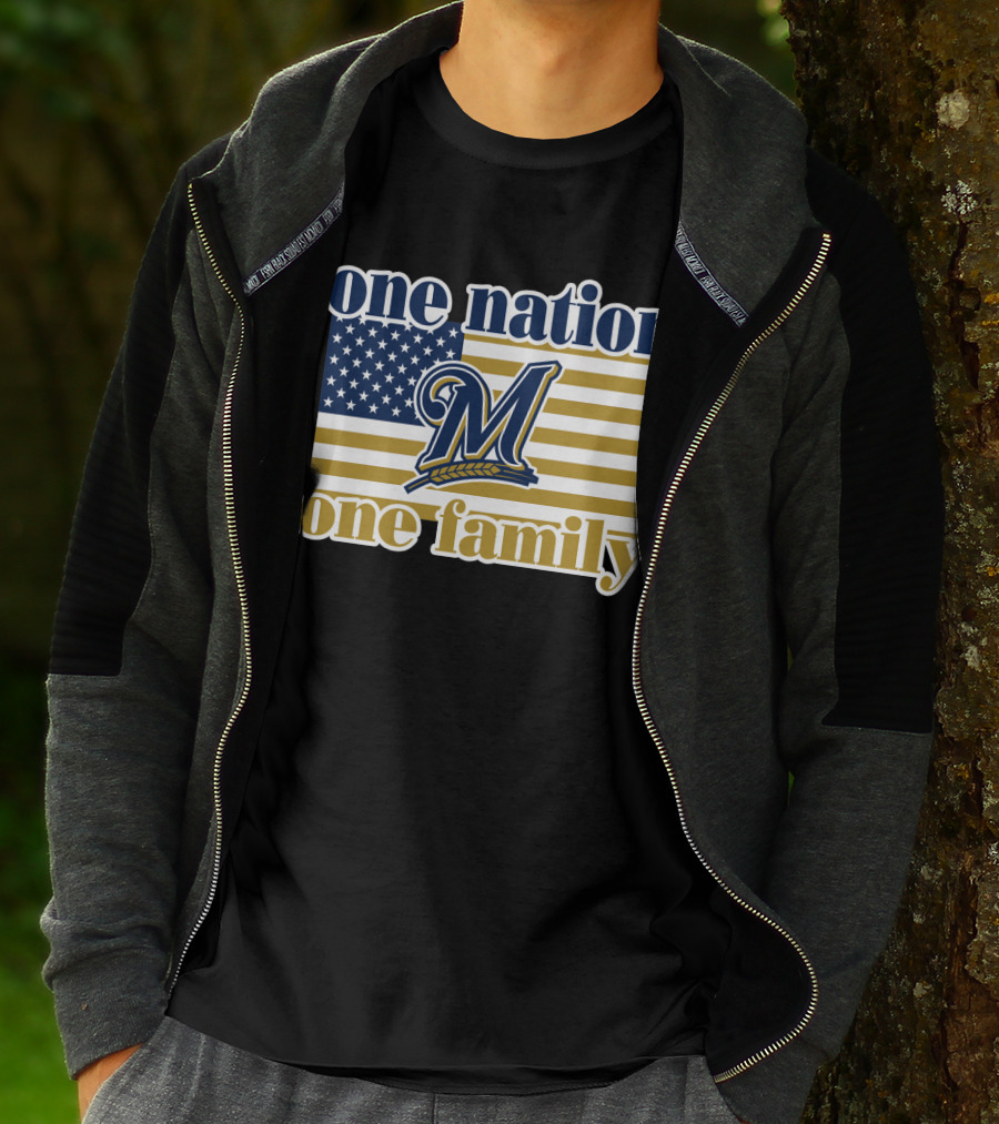 One Nation One Family Milwaukee Brewers 46 American Flag T-Shirt