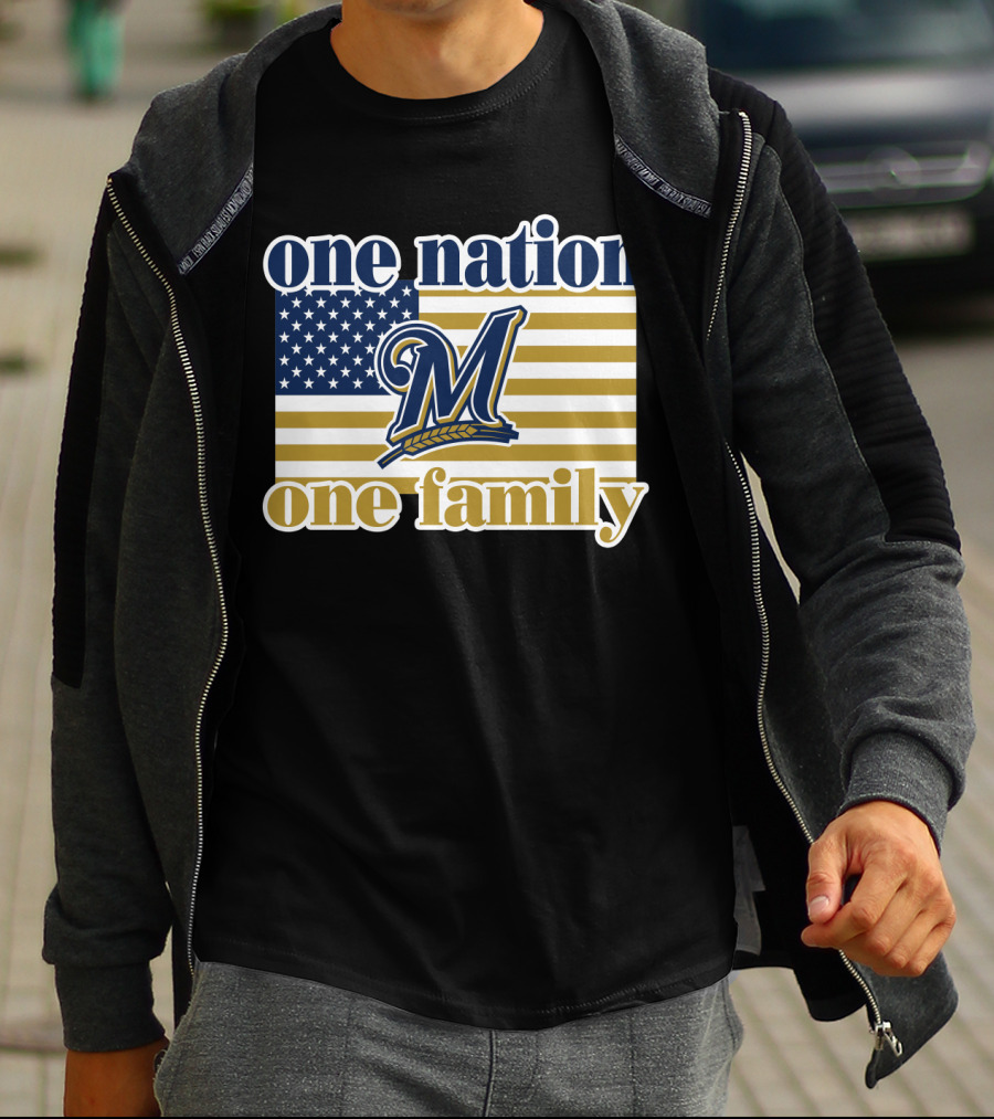 One Nation One Family Milwaukee Brewers 46 American Flag T-Shirt