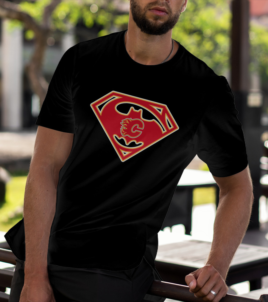 Calgary Flames Logo Combined With Superman Batman Symbol T-Shirt