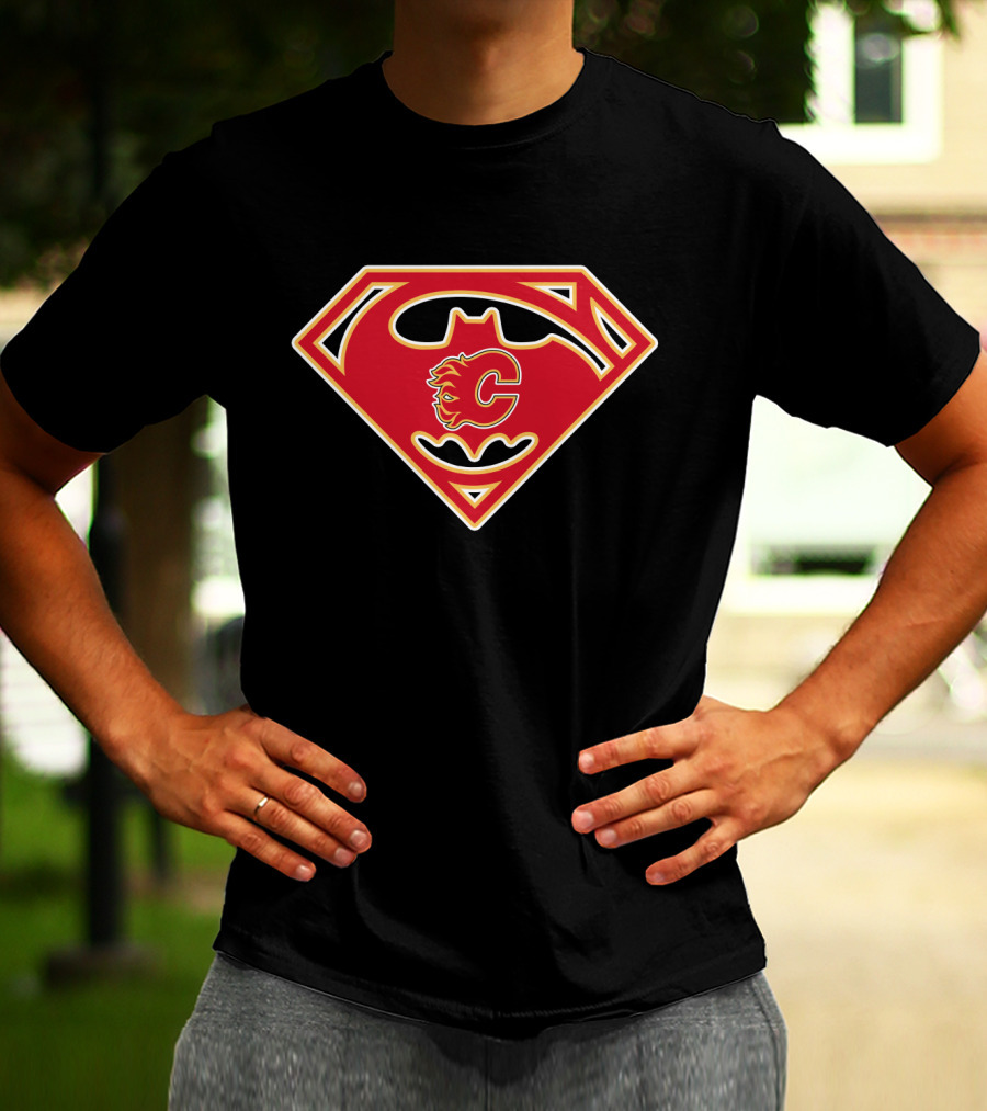 Calgary Flames Logo Combined With Superman Batman Symbol T-Shirt