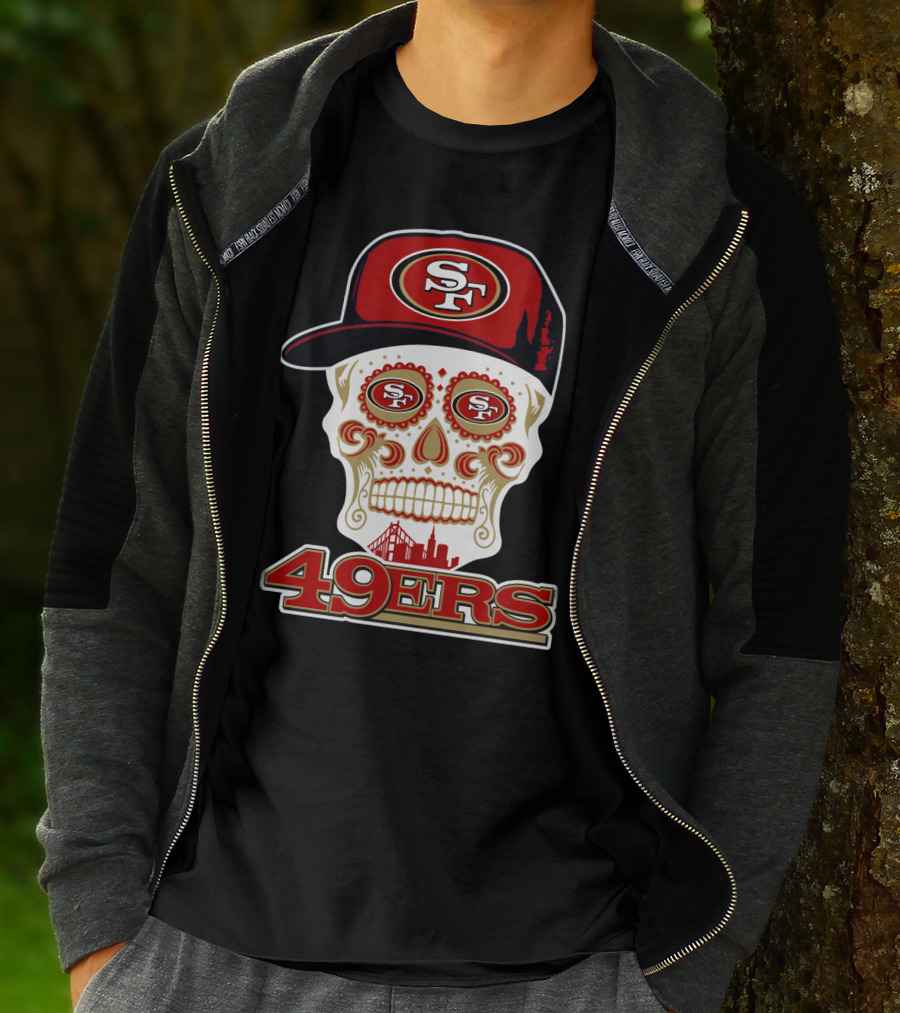 49ers Sf Sugar Skull With Cap And San Francisco Skyline T-Shirt