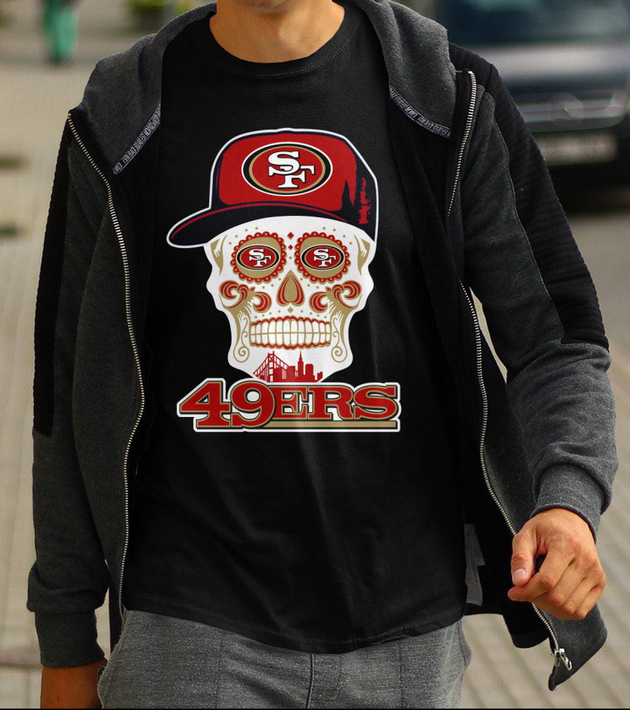 49ers Sf Sugar Skull With Cap And San Francisco Skyline T-Shirt