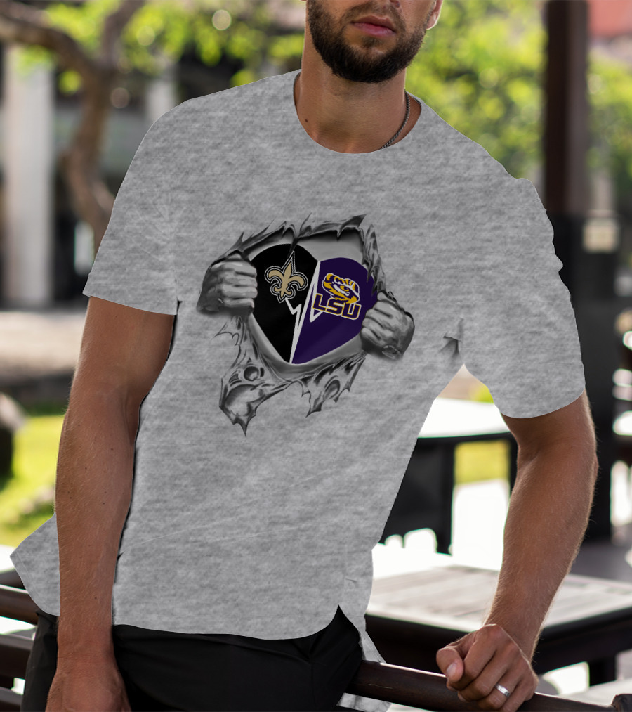 Saints Heart With Lsu Tigers Logo Peeking Through T-Shirt