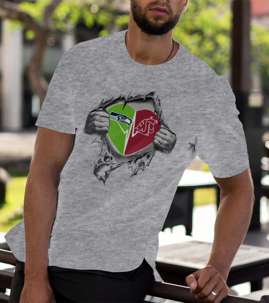 Seahawks Washington State Cougars Heart Logo Design Inside Ripped Shirt With Team Logos T-Shirt