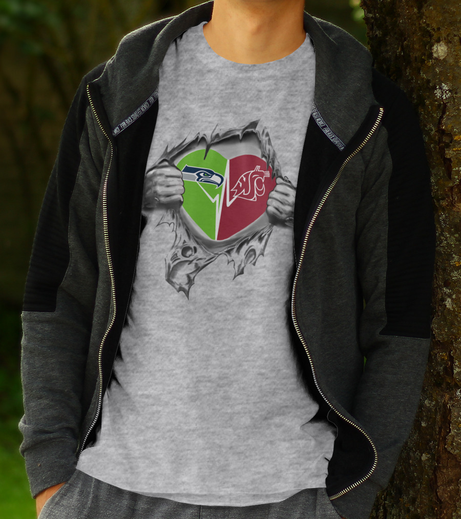 Seahawks Washington State Cougars Heart Logo Design Inside Ripped Shirt With Team Logos T-Shirt