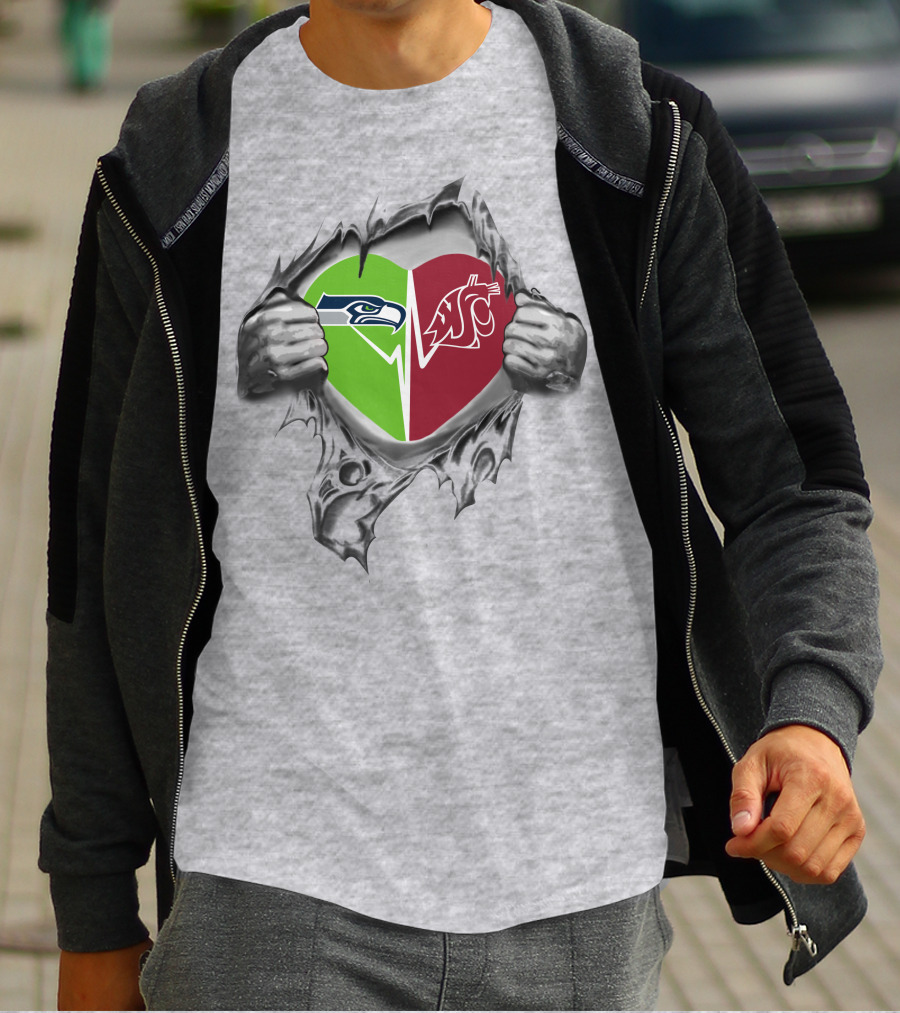 Seahawks Washington State Cougars Heart Logo Design Inside Ripped Shirt With Team Logos T-Shirt