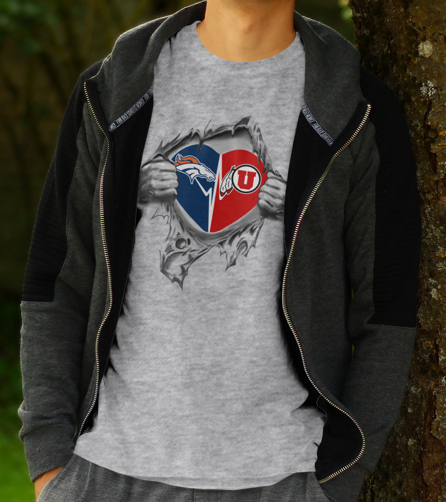 Broncos Utes Heart Logo With Denver And Utah Motifs T-Shirt