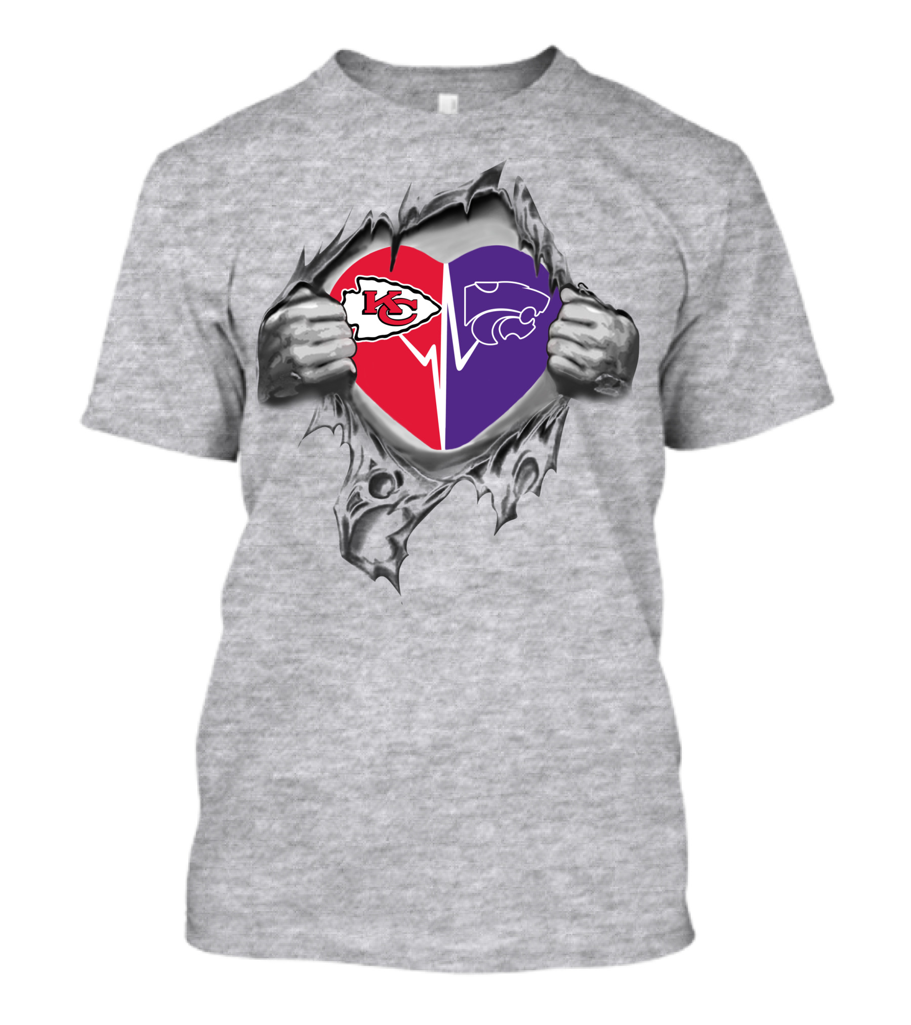 Chiefs Kansas State Wildcats Heart Split Logo Rip Effect T-Shirt