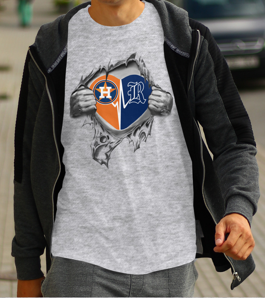 Astros Rice Owls Heartbeat Fusion With Torn Silver Grayscale Hands T-Shirt