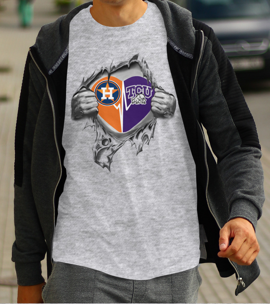 Astros Tcu Heart Rip Design With Houston Logo And Horned Frog T-Shirt