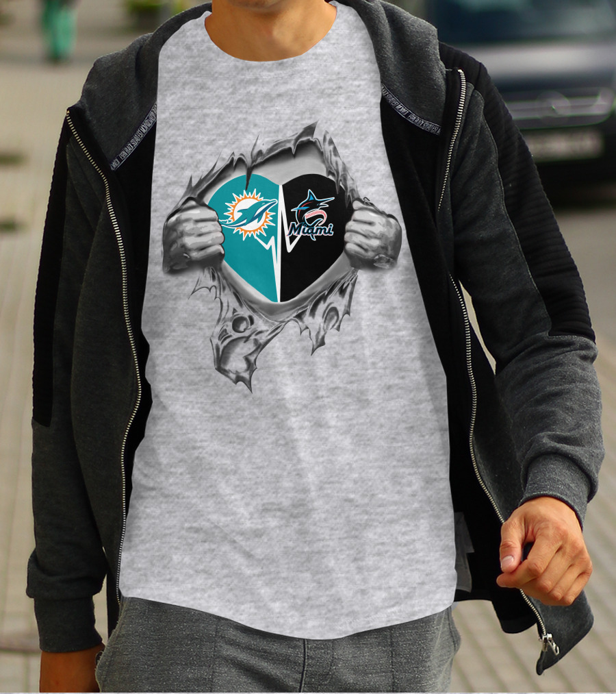 Miami Dolphins Marlins Heart Torn Reveal T-Shirt
