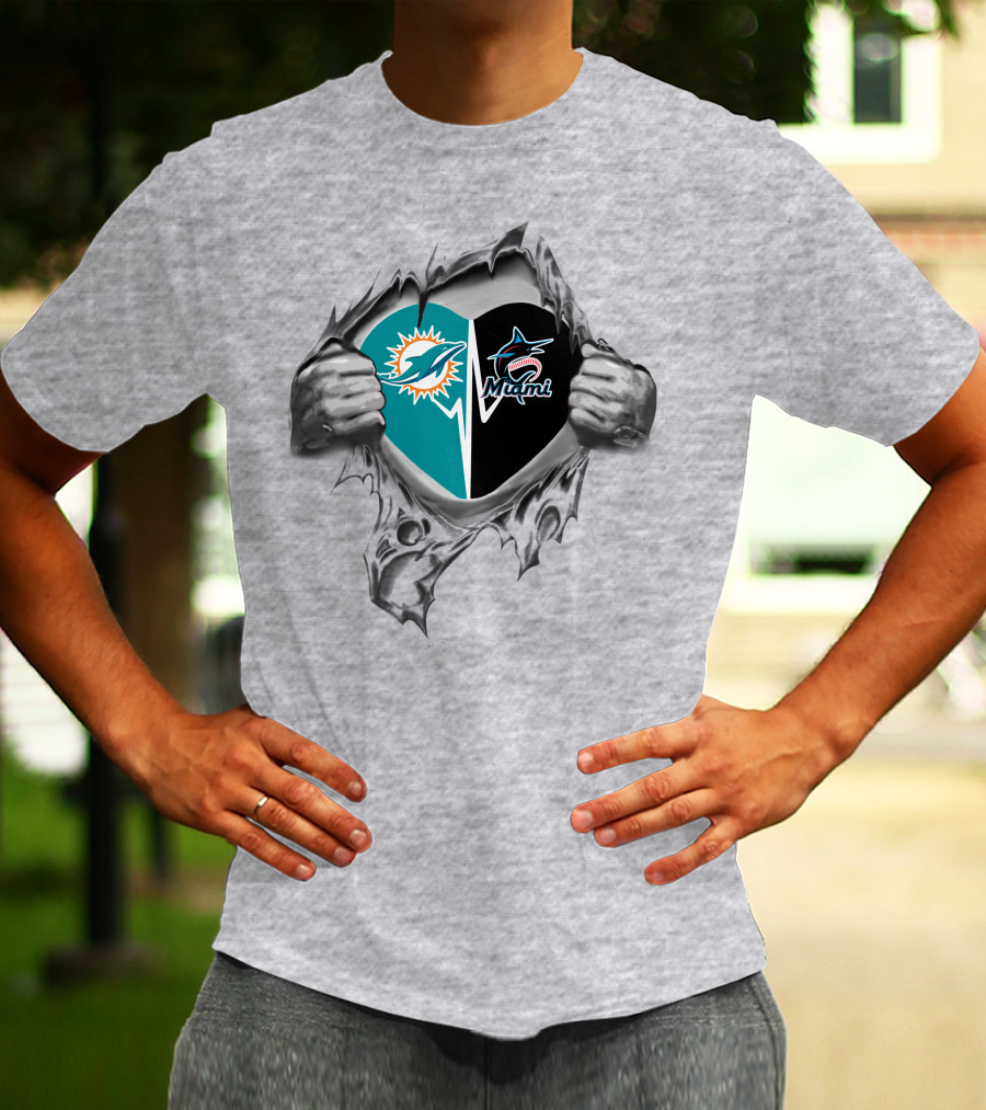 Miami Dolphins Marlins Heart Torn Reveal T-Shirt