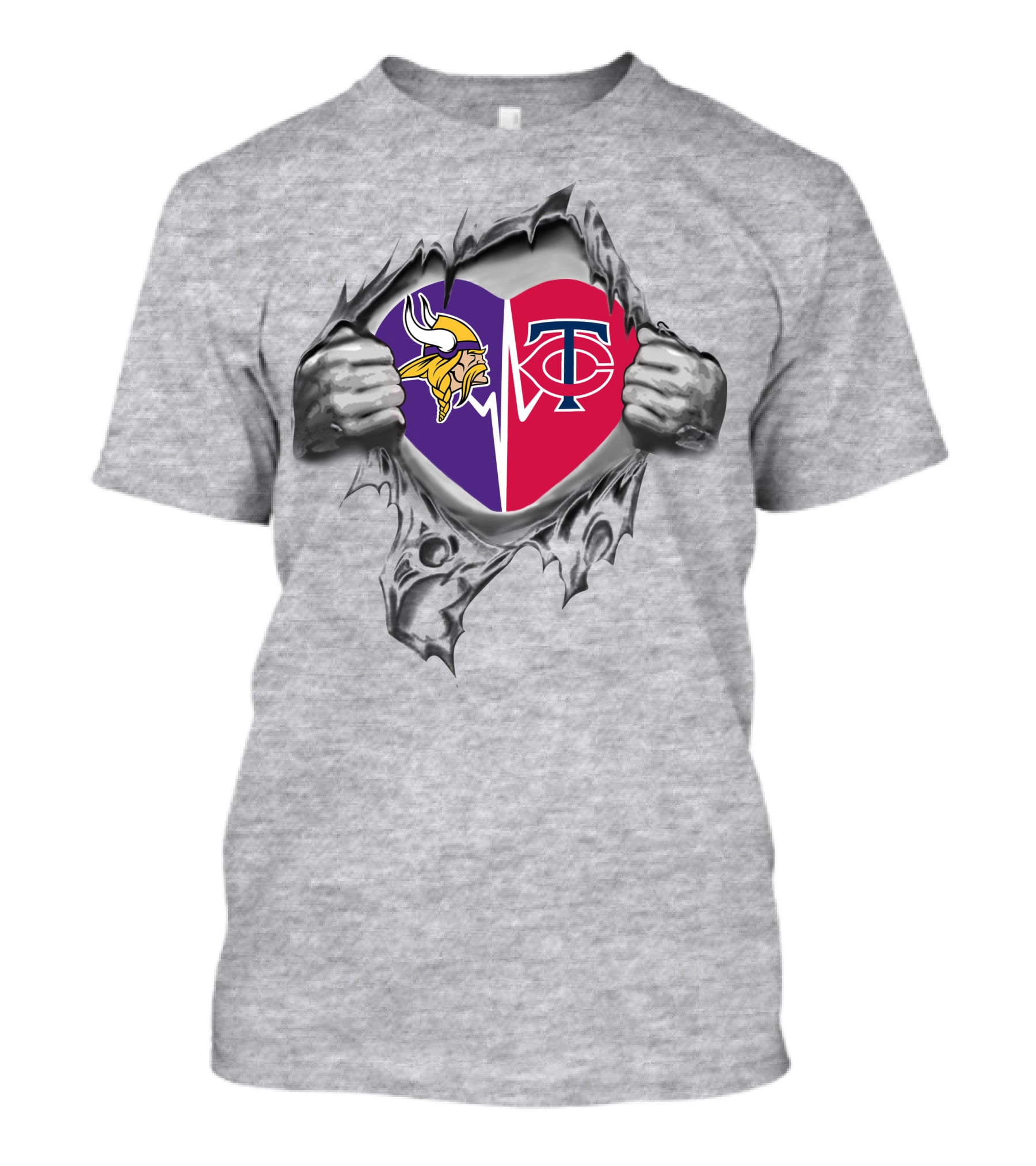 Minnesota Vikings And Twins Heart Emblem With Torn T-Shirt