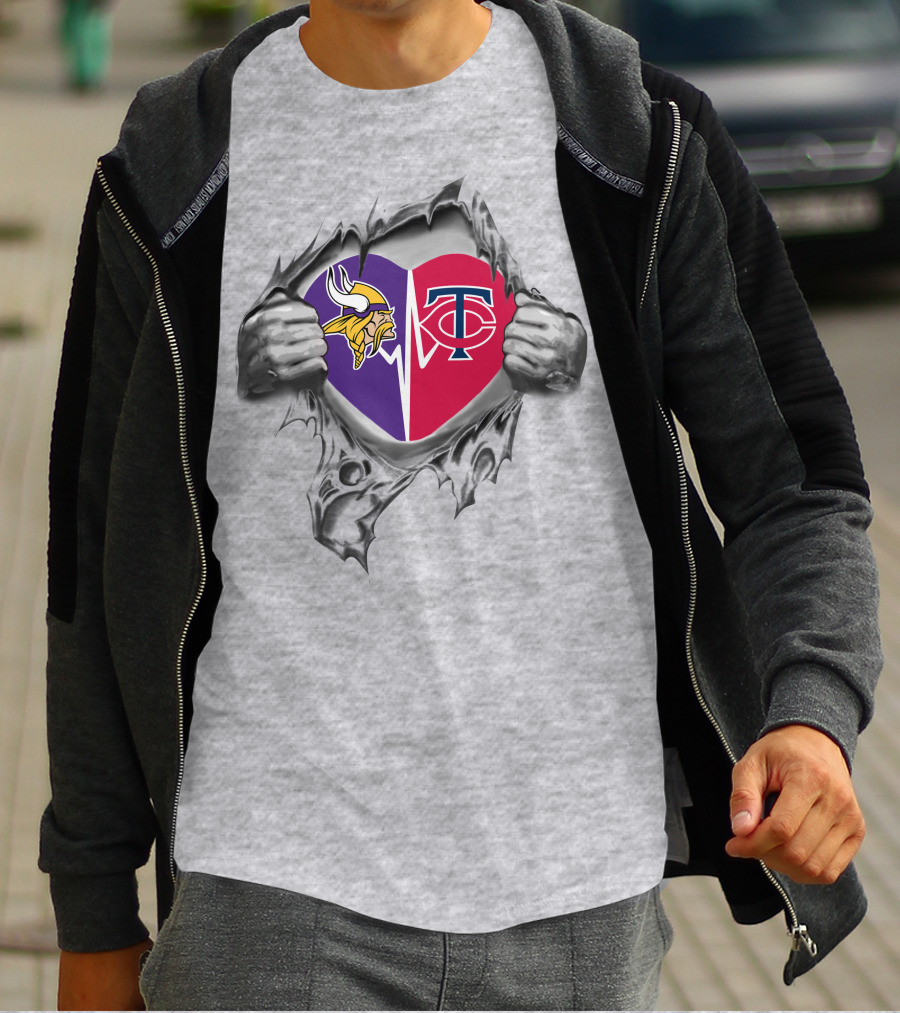 Minnesota Vikings And Twins Heart Emblem With Torn T-Shirt
