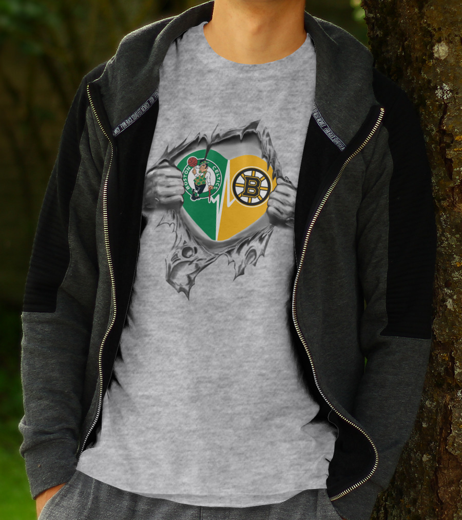 Boston Celtics Bruins Heart Inside Featuring Logos And Heartbeat T-Shirt