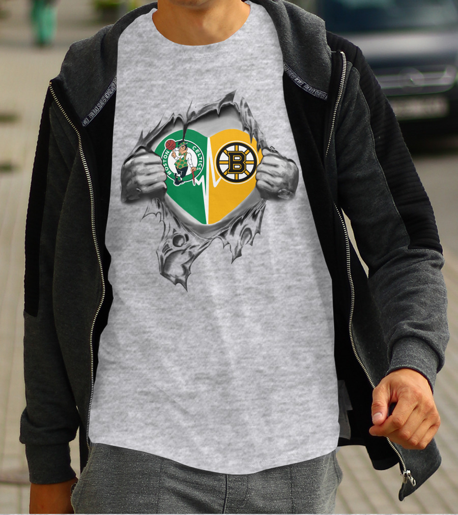 Boston Celtics Bruins Heart Inside Featuring Logos And Heartbeat T-Shirt