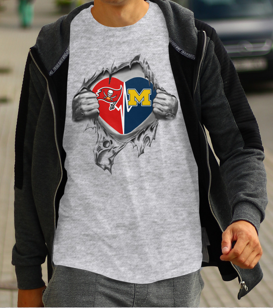 Buccaneers Michigan Wolverines Heart Shaped Logo Mashup Peeking Through Chest T-Shirt