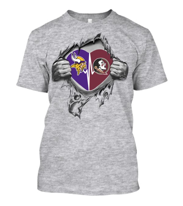 Vikings Fsu Heart Symbol With Logos And Torn Hands T-Shirt