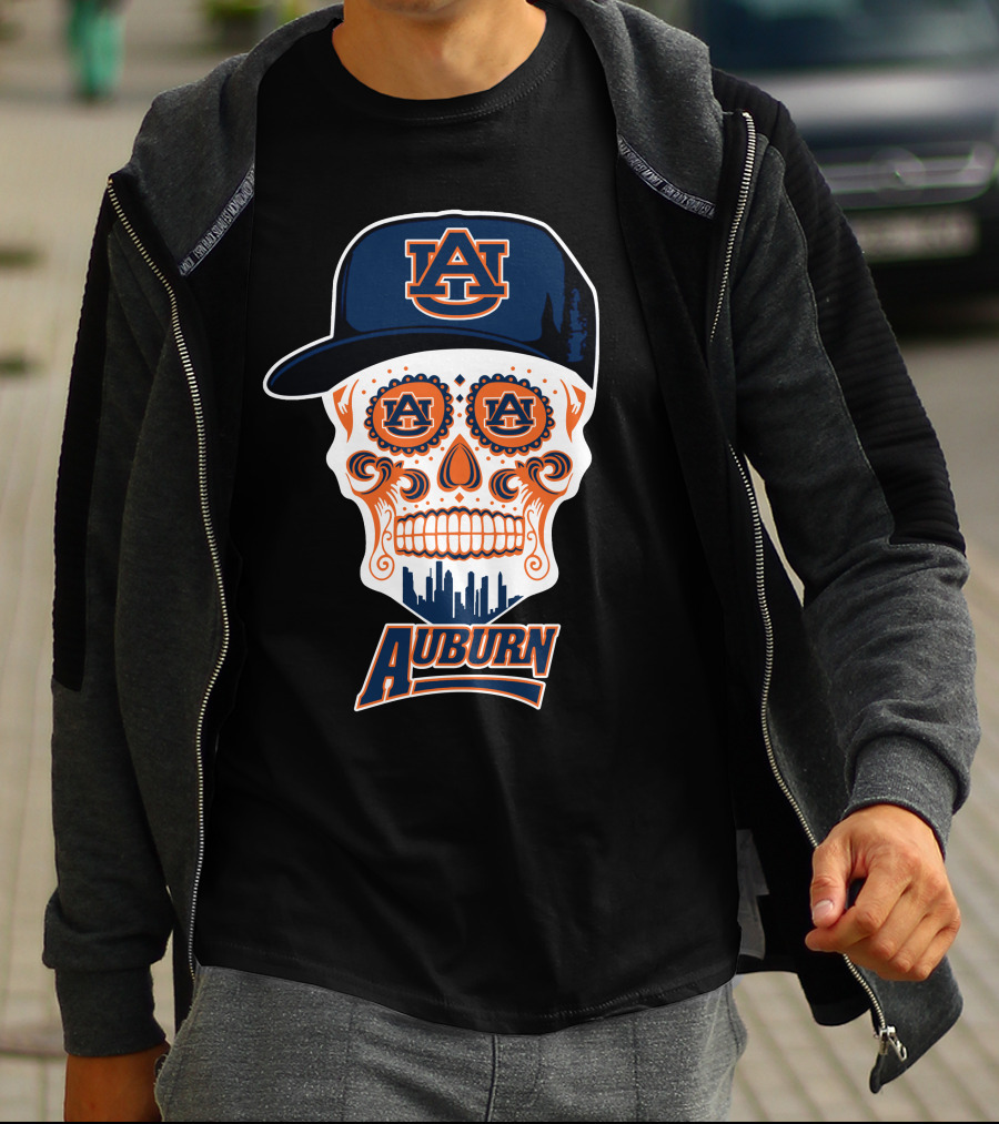 Auburn Tigers Skull Sugar Skull Design With Cap T-Shirt
