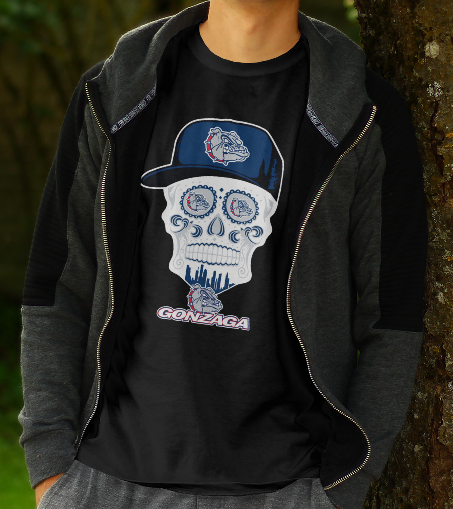 Gonzaga Bulldogs Skull With Hat And City Skyline T-Shirt