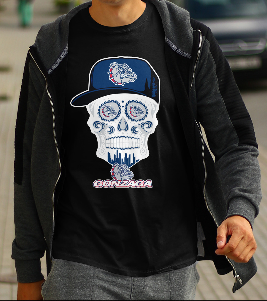 Gonzaga Bulldogs Skull With Hat And City Skyline T-Shirt