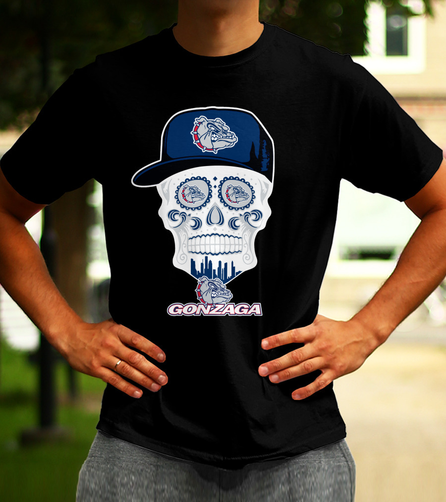 Gonzaga Bulldogs Skull With Hat And City Skyline T-Shirt