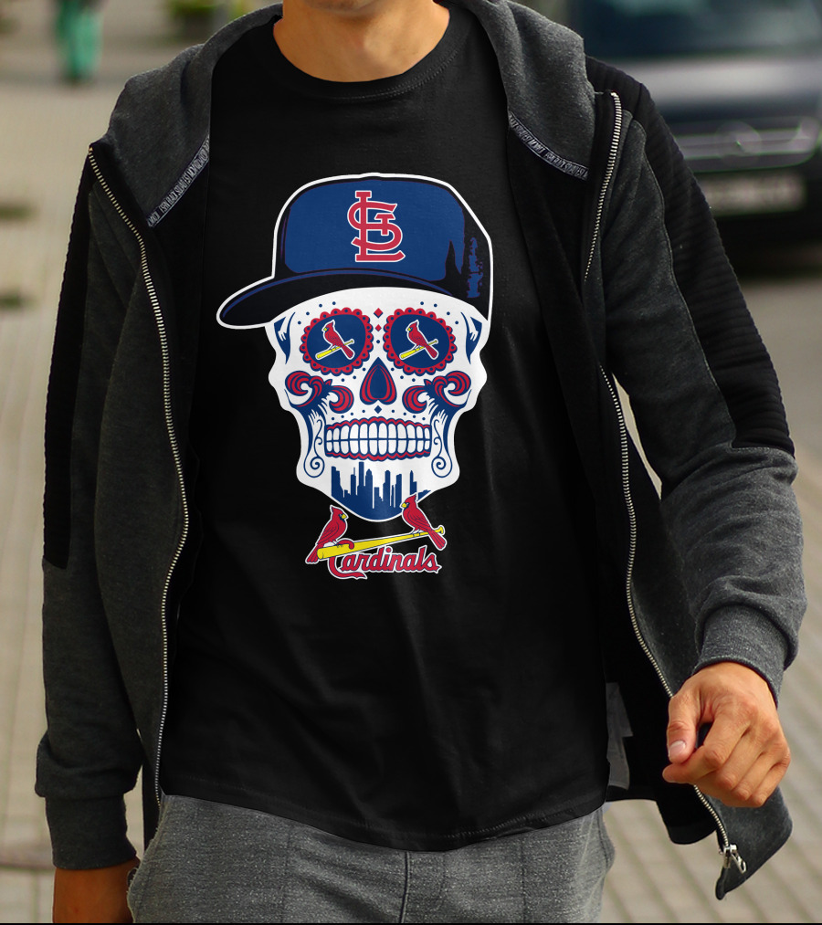 St Louis Cardinals Skull With Baseball Cap And City Skyline T-Shirt