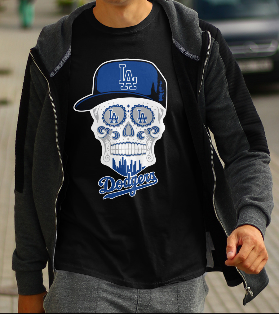 La Dodgers Skull With Cap And Cityscape T-Shirt