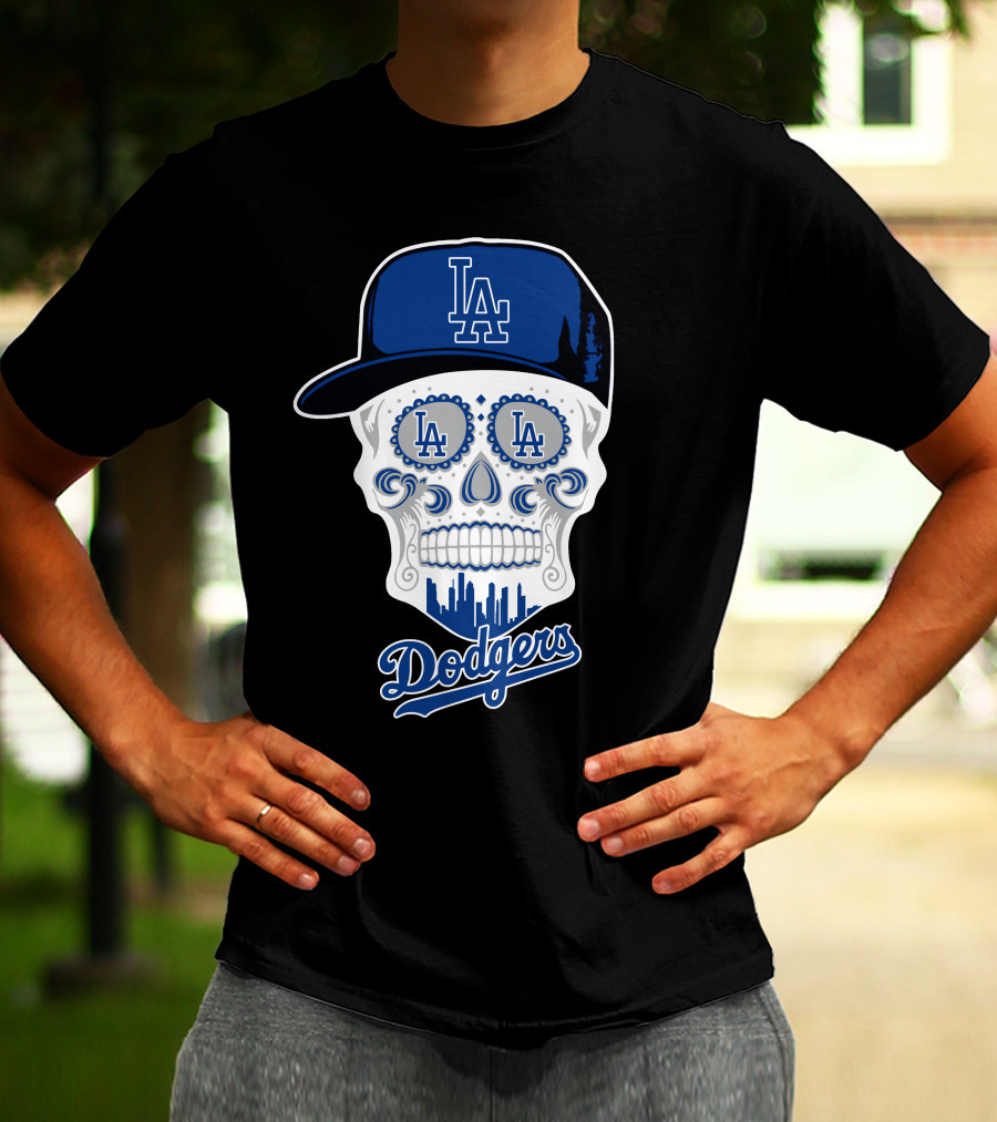 La Dodgers Skull With Cap And Cityscape T-Shirt