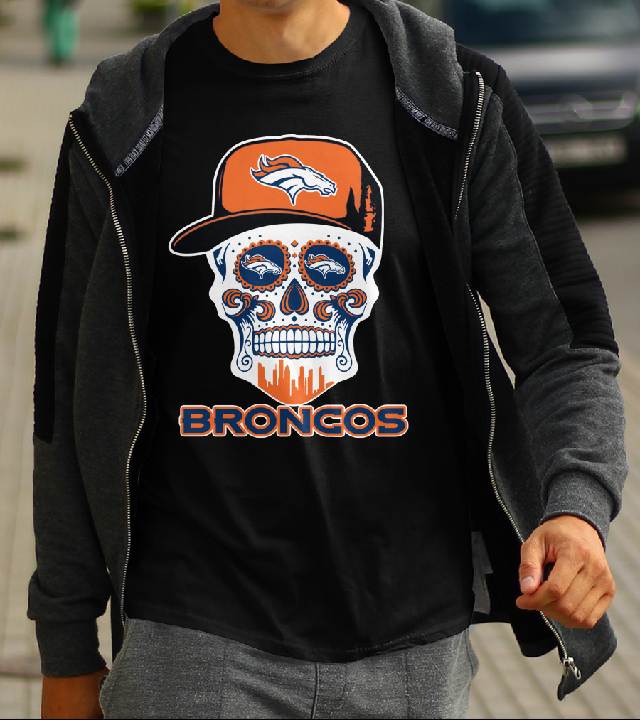 Denver Broncos Skull With Cap And Logos T-Shirt