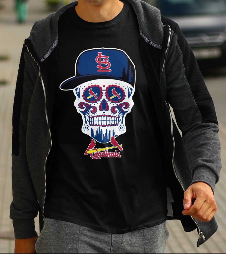 St Louis Cardinals Sugar Skull With Cap And Logos T-Shirt